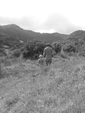  Daddy walking and son following up in the grass area at piha
